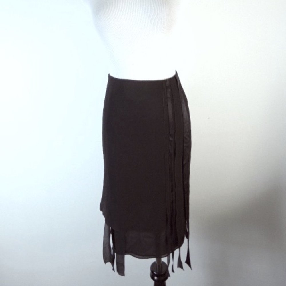 Akris black silk straight skirt ribbons fringe  10